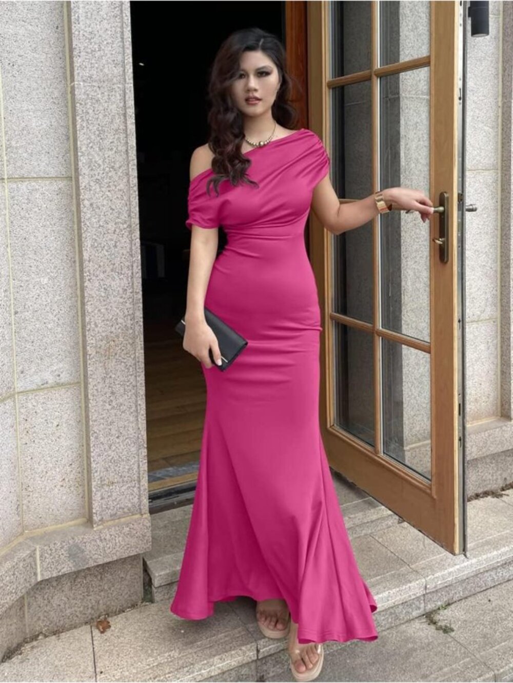 Magenta Pink Off Shoulder Mermaid Long Formal Evening Prom Party Gown Sz XL-XXL - Picture 3 of 5